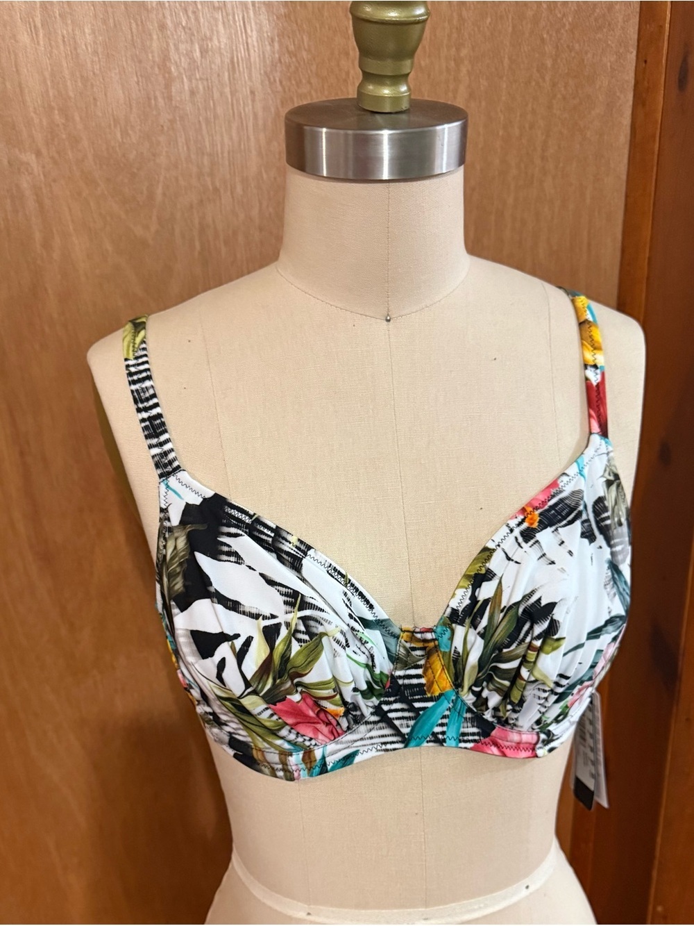 Fantasie White Tropical Print Bikini Top with Green and Pink Accents